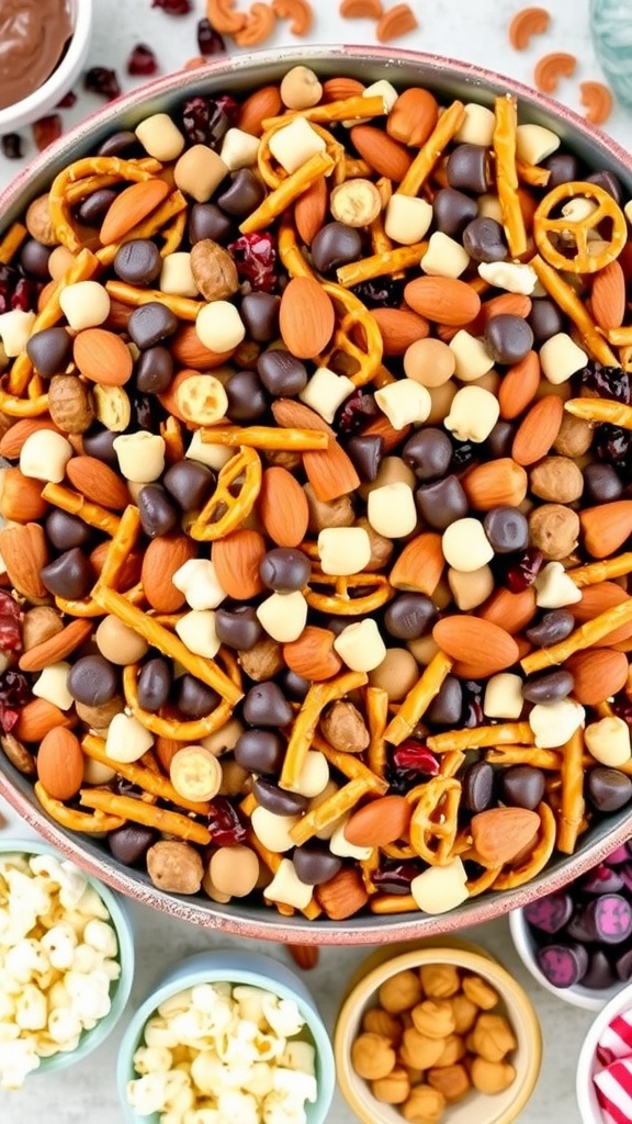 A vibrant bowl of party snack mix with pretzels, almonds, chocolate candies, and cranberries, ready for serving.